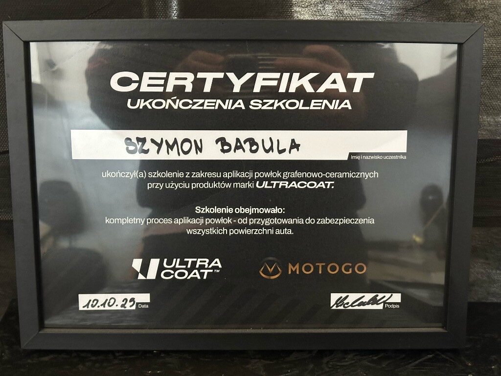 Certyfikat Ultracoat — Szymon Babula, szkolenie powłok ceramicznych